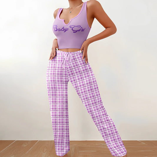 Women's plaid pyjama set with sleeveless letter print top and coordinating trousers for versatile homewear