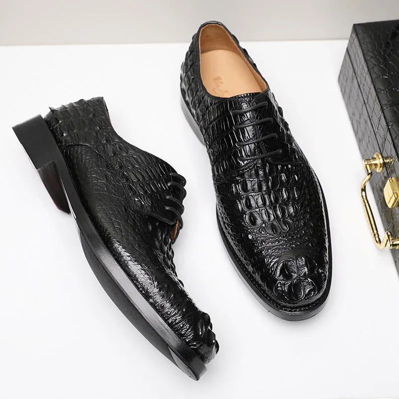 Handmade men's crocodile leather formal shoes with round toe, genuine leather sole, black colour, size 42