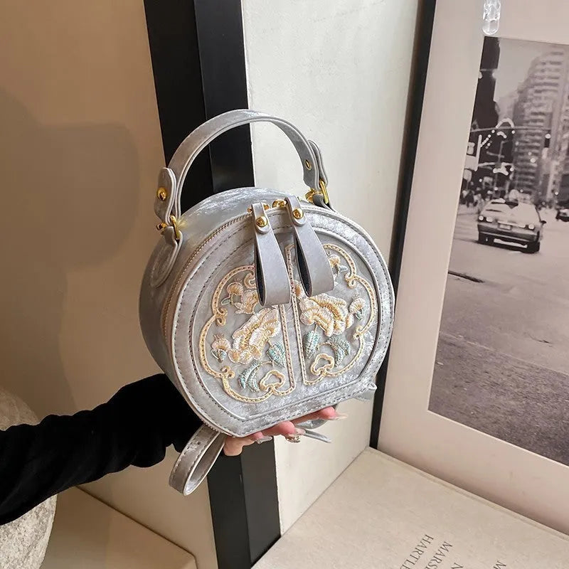 Chinese embroidery crossbody messenger bag with adjustable strap in horizontal square design