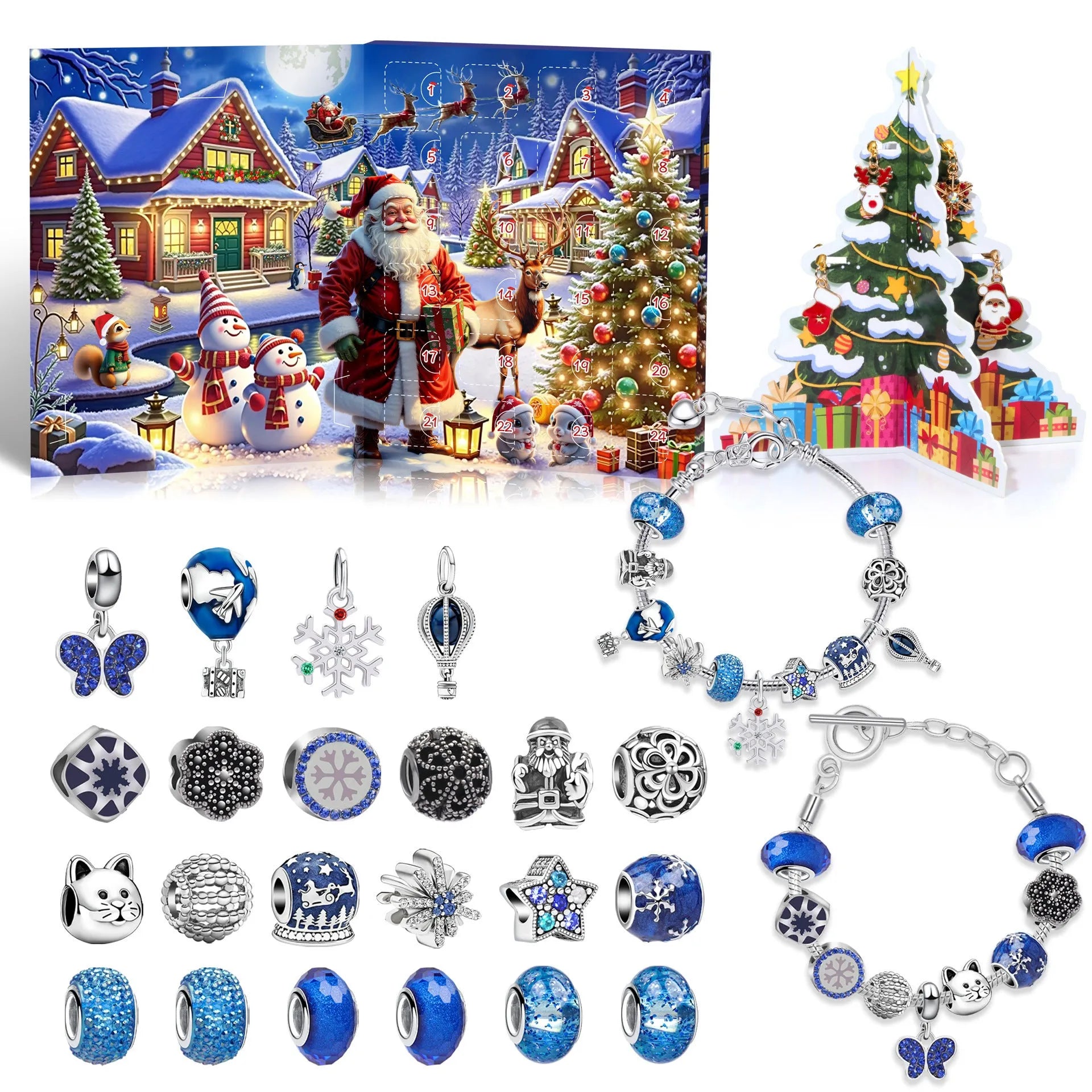 24 grid Christmas advent calendar countdown set with zinc alloy frame and bracelet blind box in blue colour