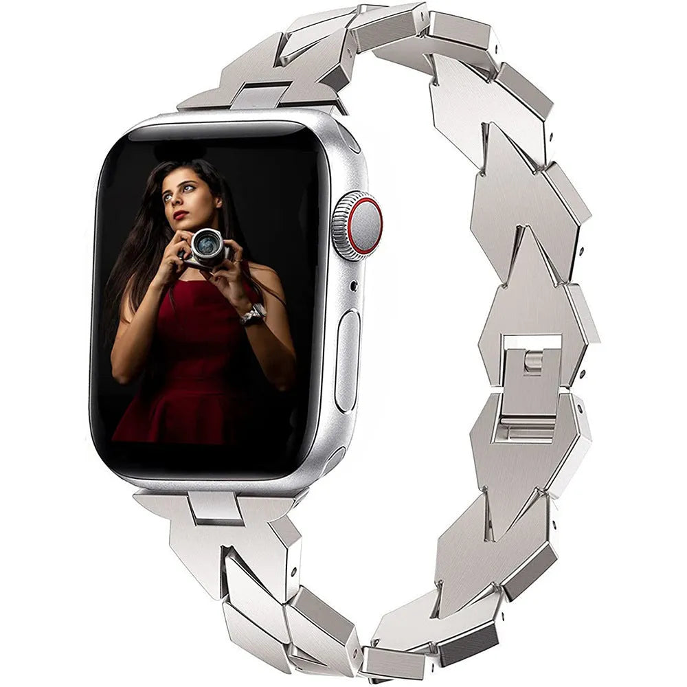 Silver metal chain strap for Apple Watch, with clasp, on white background, showing 38/40/41mm size option