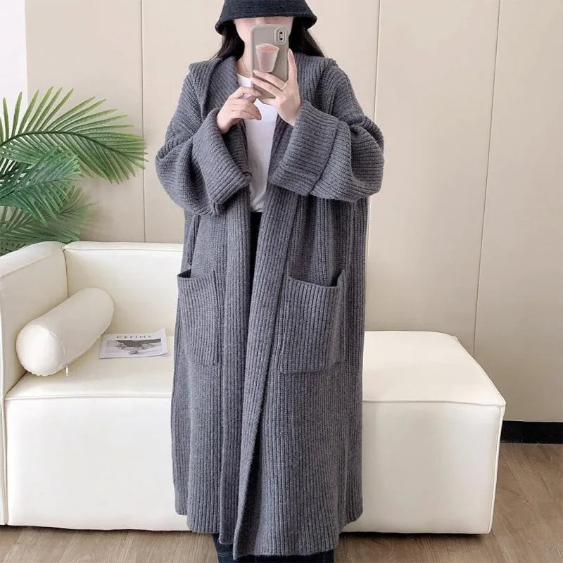 Loose hooded cardigan coat in extended 80cm length with raglan sleeves