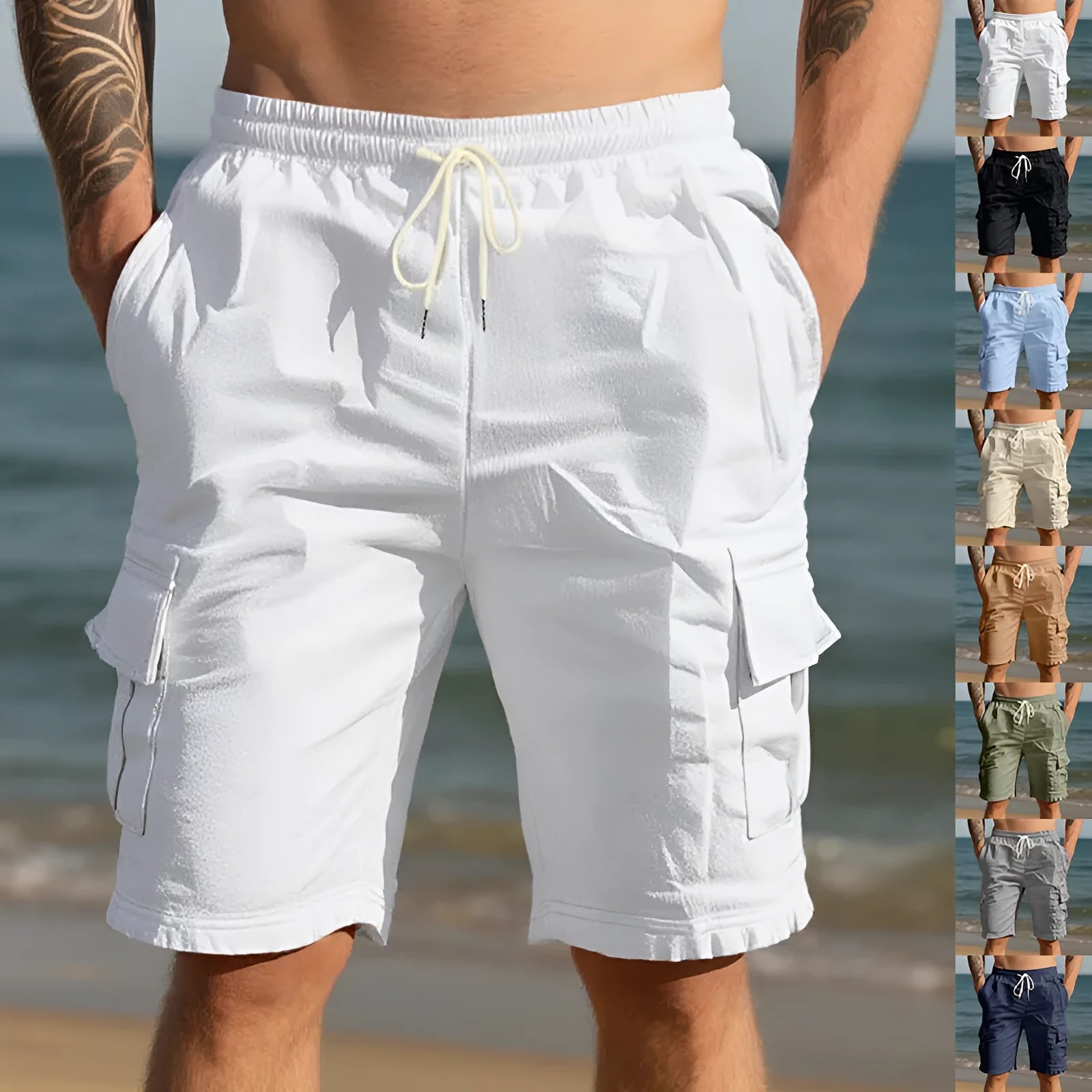 Men's linen casual shorts with multiple pockets in straight cut design