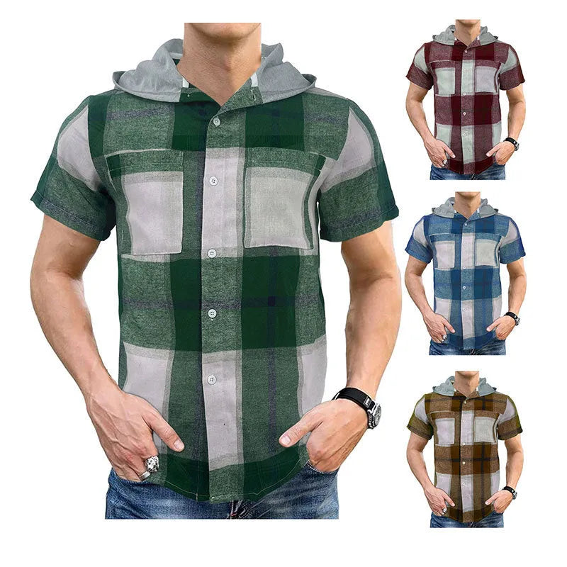 Men's casual hooded short-sleeved plaid shirt in green plaid polyester