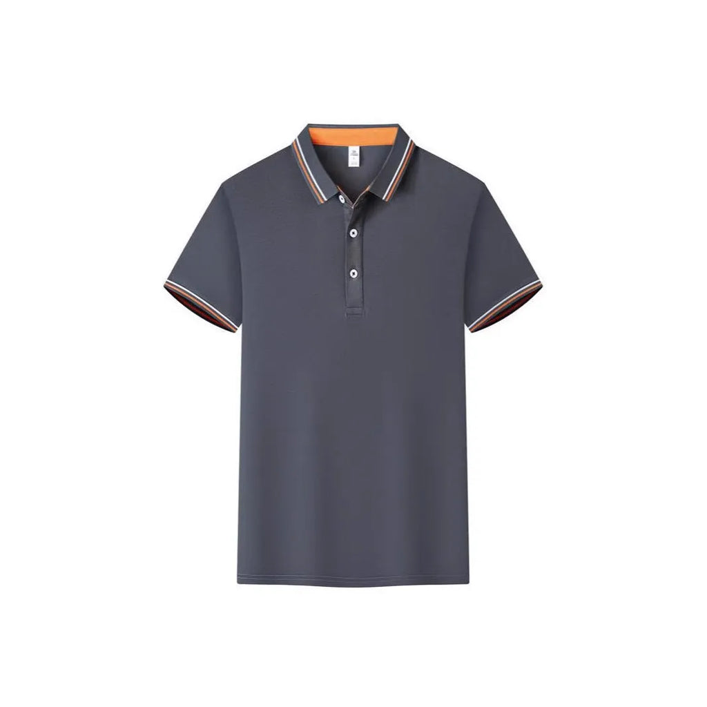 Men's slim fit cotton blend polo shirt on a hanger, showing collar and short sleeves.