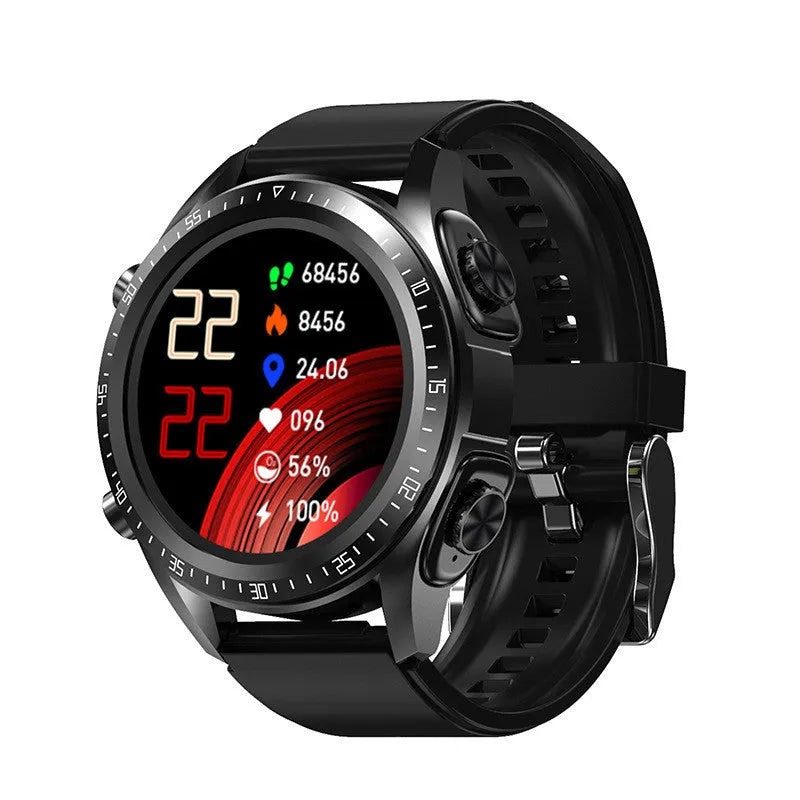 Black smartwatch with silicone strap showing blood pressure and SpO2 readings on its screen.