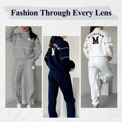 Comfortable and stylish two-piece loungewear set for women, featuring a hoodless pullover sweatshirt and relaxed-fit sweatpants with pockets.
