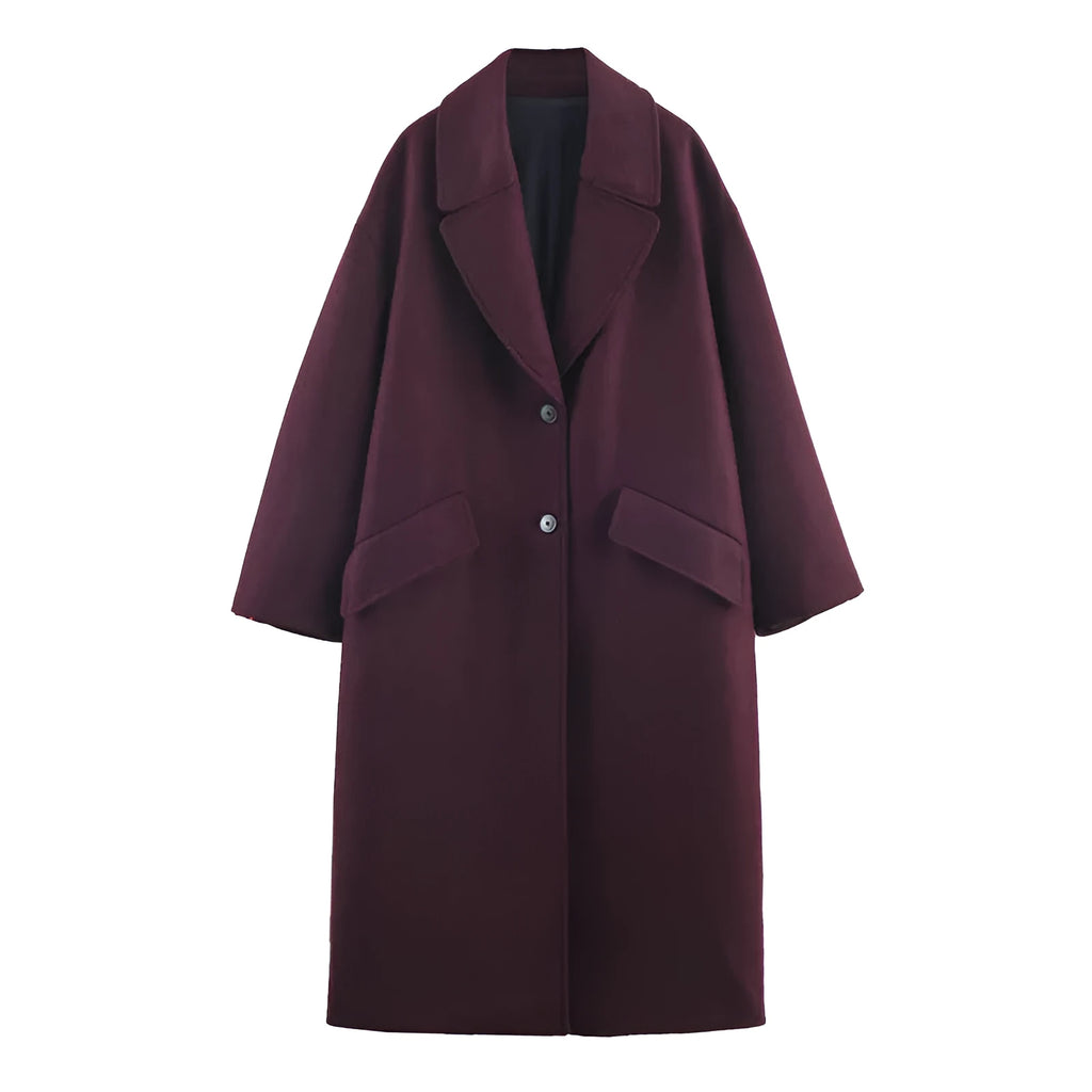 Women's all-match loose slimming long overcoat in wine red with spandex blend fabric for commute