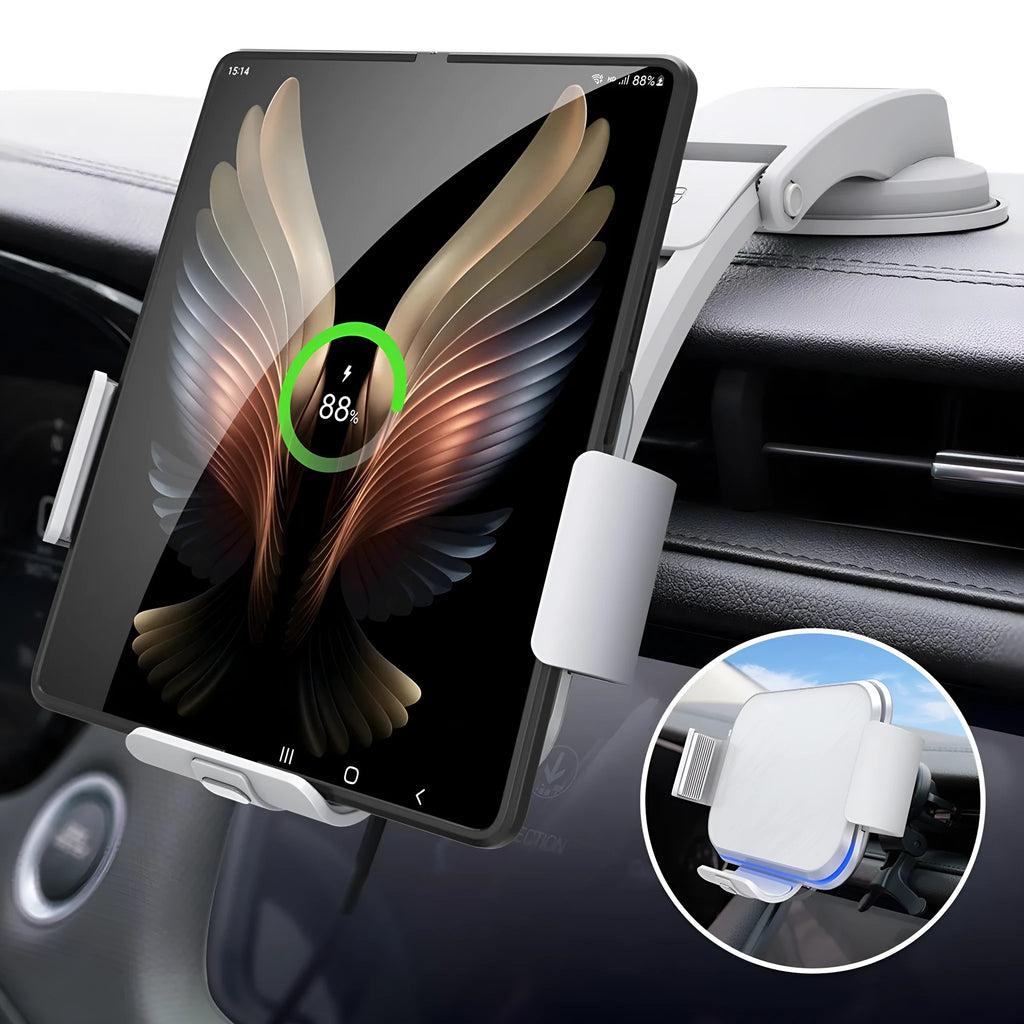 Grey and white wireless charging car phone holder with folding screen, showing air conditioner clip and suction cup bracket accessories.