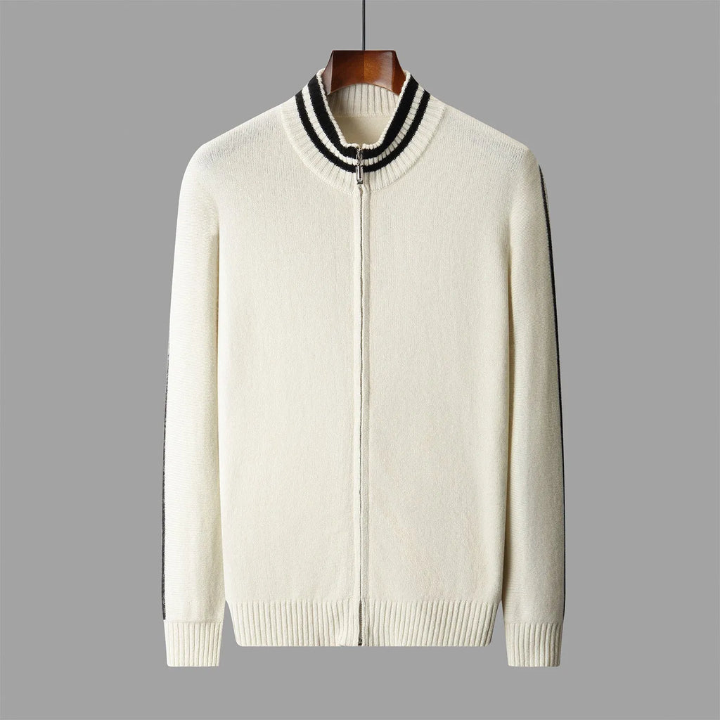 Men's half-high collar knitted striped cardigan in white and black, loose fit with Korean style, sizes S to 3XL