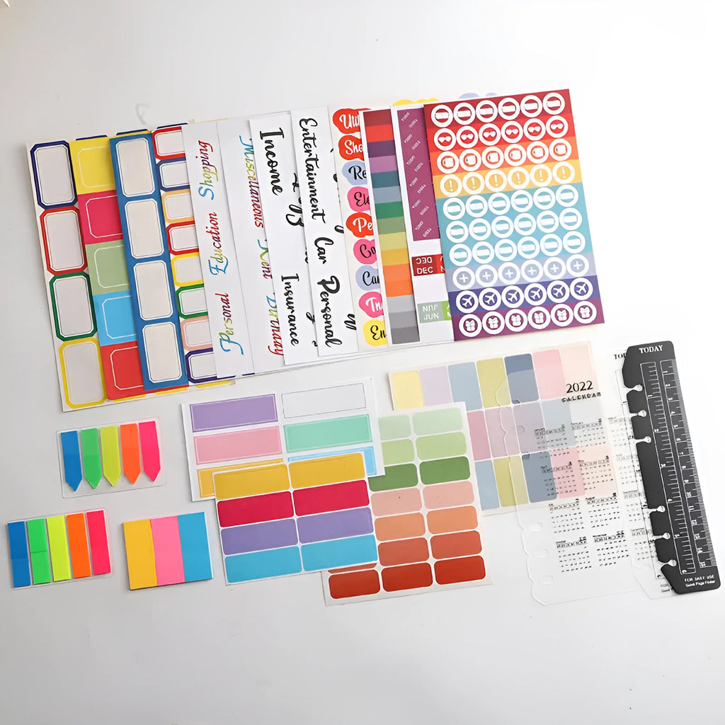 Handwritten label stickers showing 16-grid blue, 21-grid, and 24-grid adhesive designs for organisation