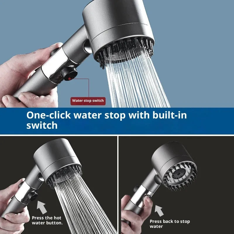 Supercharged ABS handheld shower set in light luxury grey with 5 functions, LED light, and universal interface.