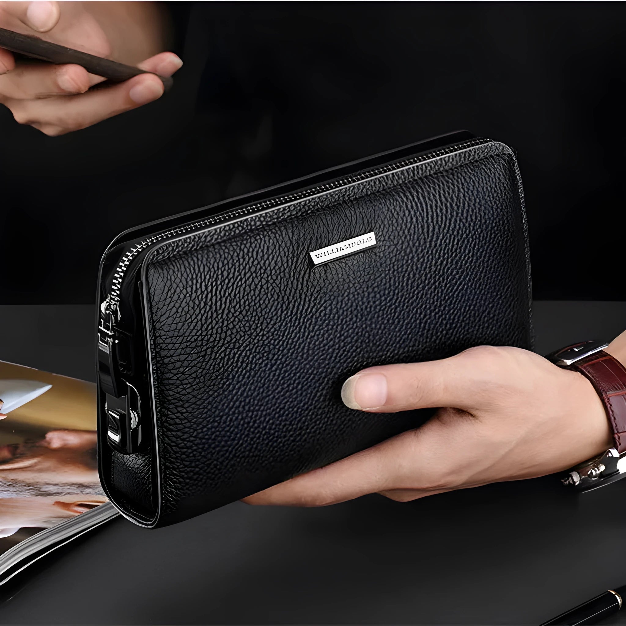 Men's black genuine leather wallet clutch open showing multiple card slots and compartments
