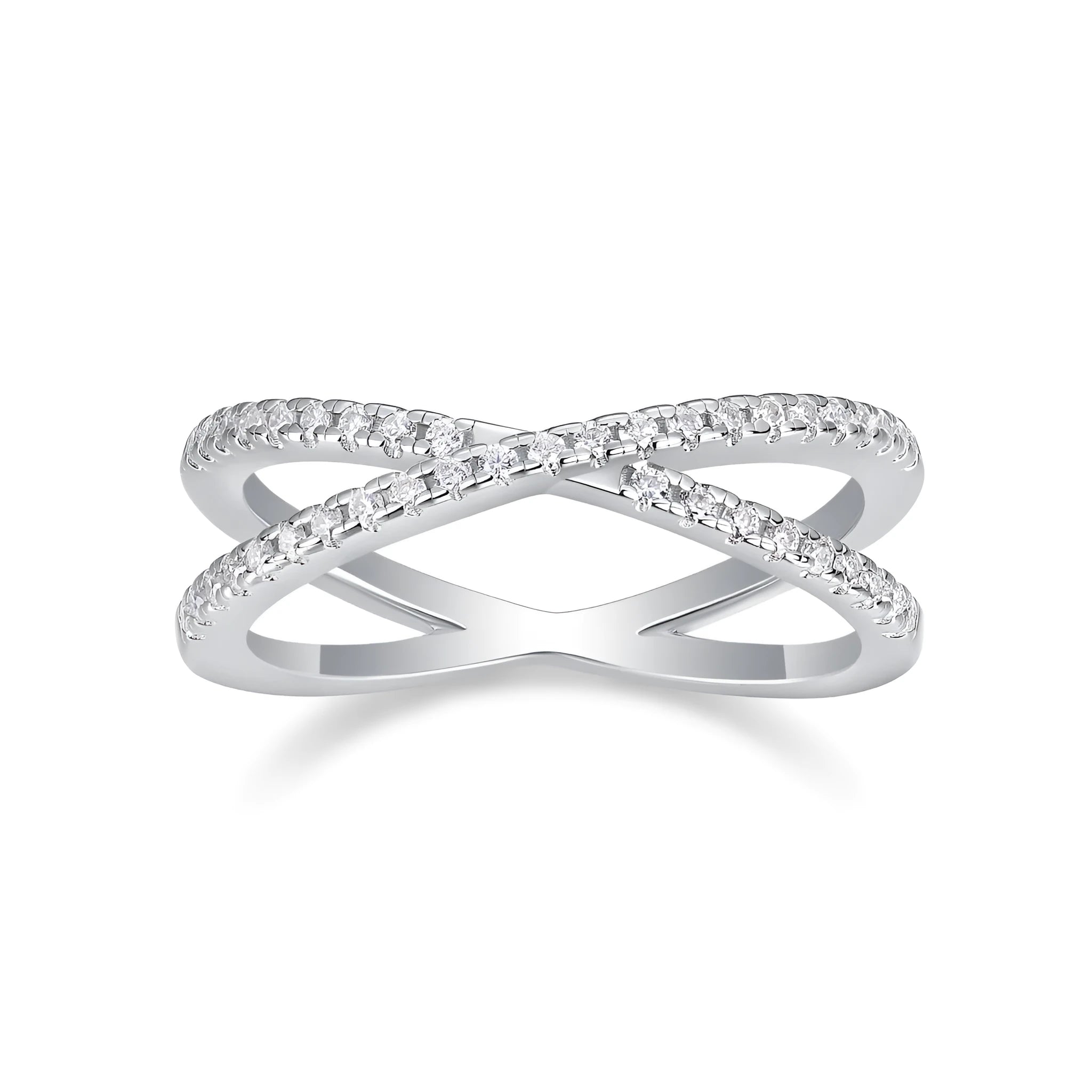 Love Interwoven moissanite wedding ring set in gold finish, S925 silver platinum plated, on white background with gift box.