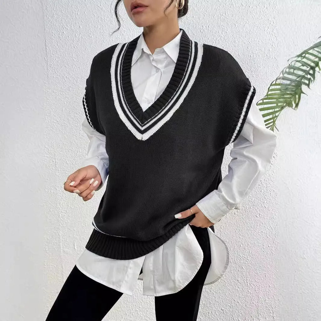 Women's loose college style vest sweater in black, blue or coffee colour options