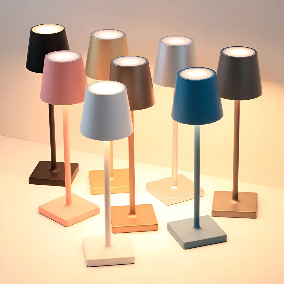 Aluminium LED charging table lamp with touch dimming and USB rechargeable base, available in multiple colours