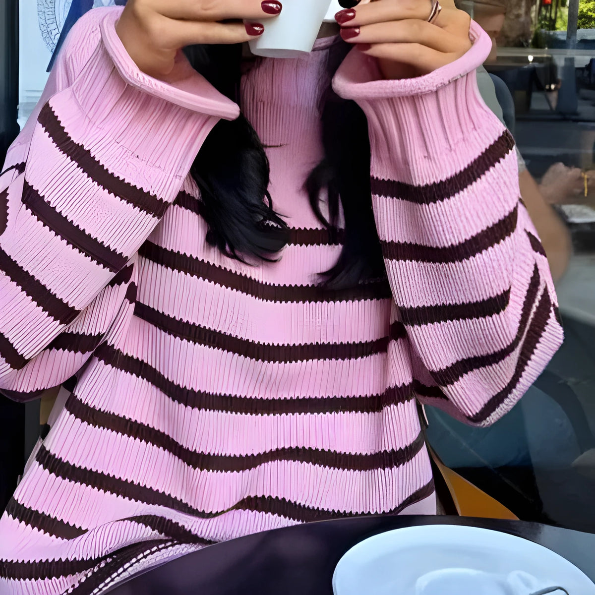 Pink stripe warm knitted pullover with round neck and long sleeves in loose fit chenille spandex blend