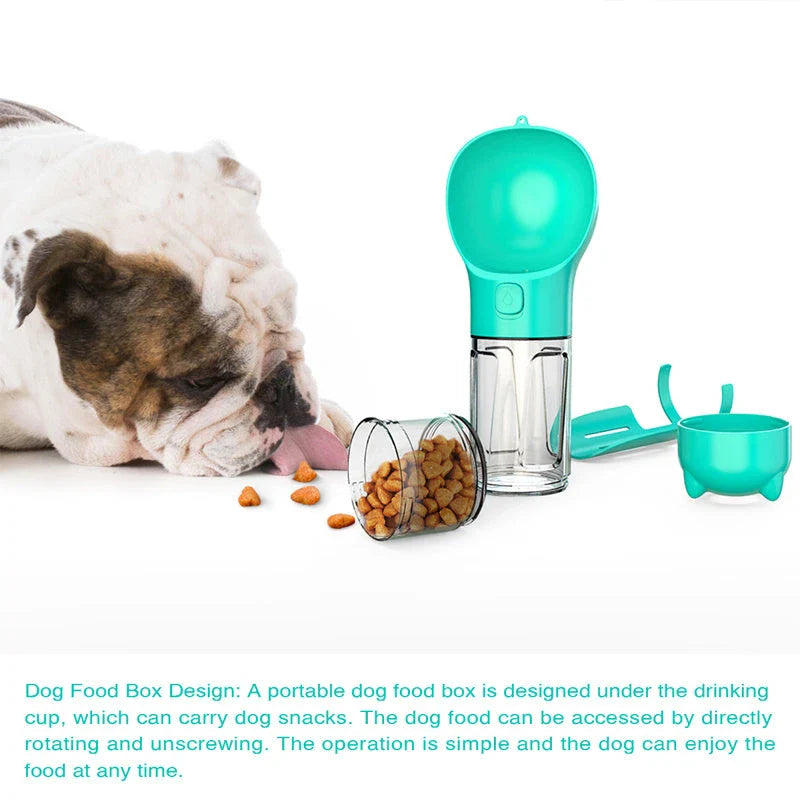 Versatile pet water bottle with integrated feeding bowl and waste bag storage compartment for on-the-go pet care