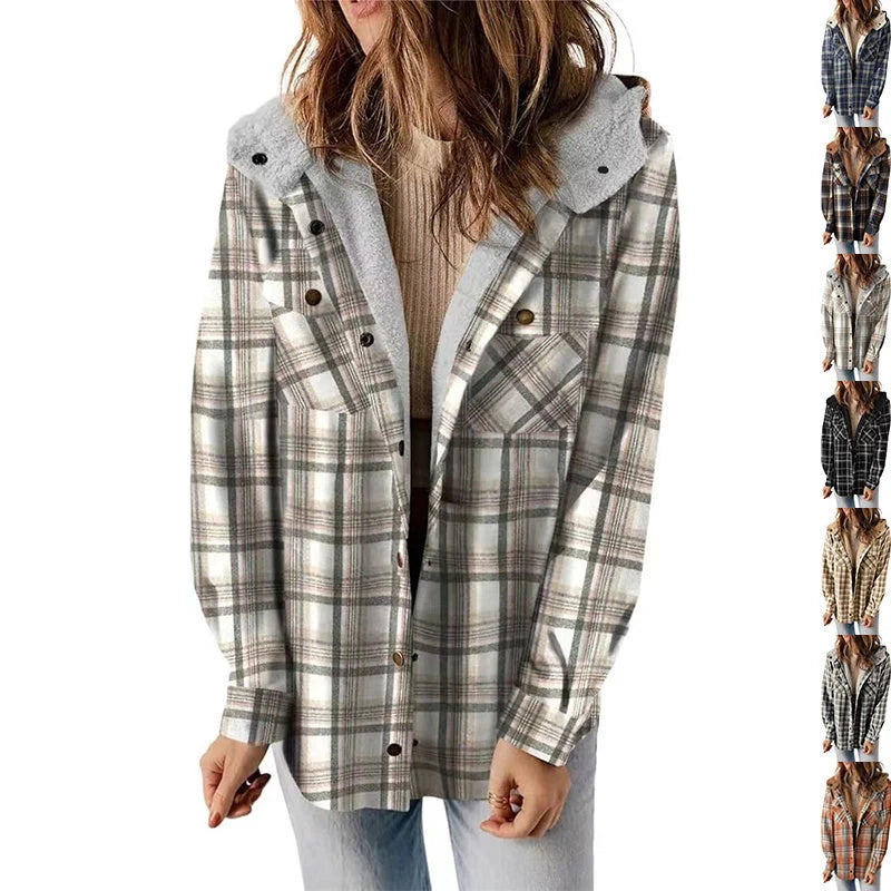 Casual plaid hooded woolen coat with fleece lining in various colours