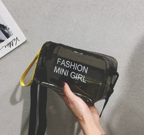 Transparent square jelly cross-body shoulder bag with adjustable strap in multiple colour options.