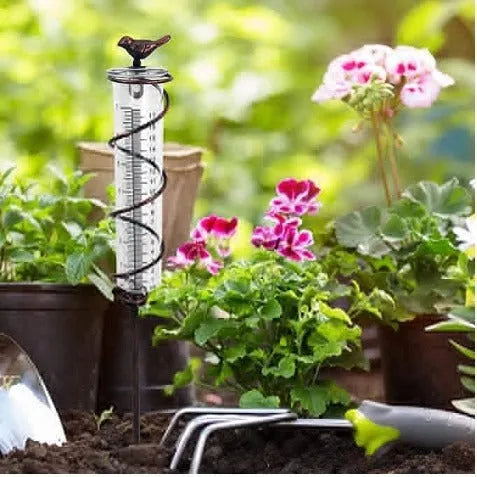 Cast iron and glass outdoor hyetometer with bird design for garden rainfall measurement