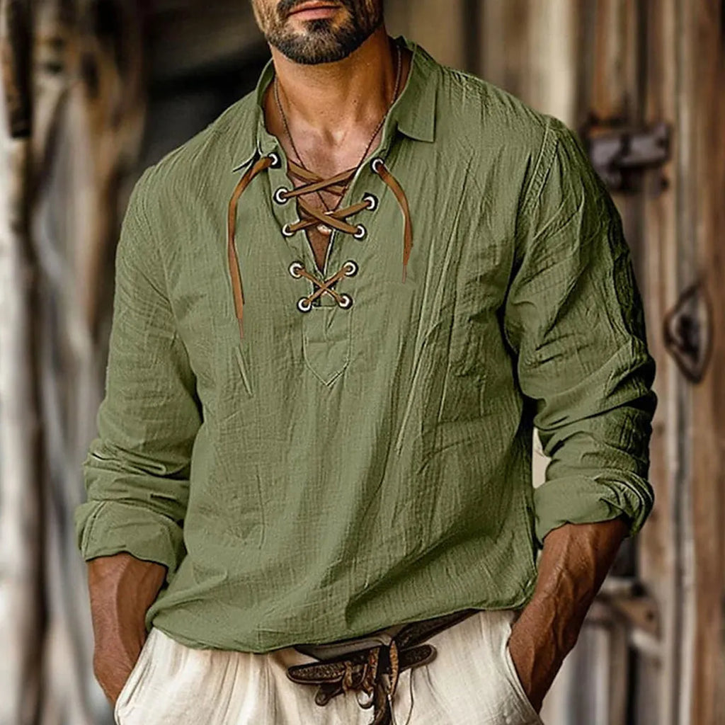 Men's blue linen blend loose fit shirt with lace-up lapels and long sleeves.