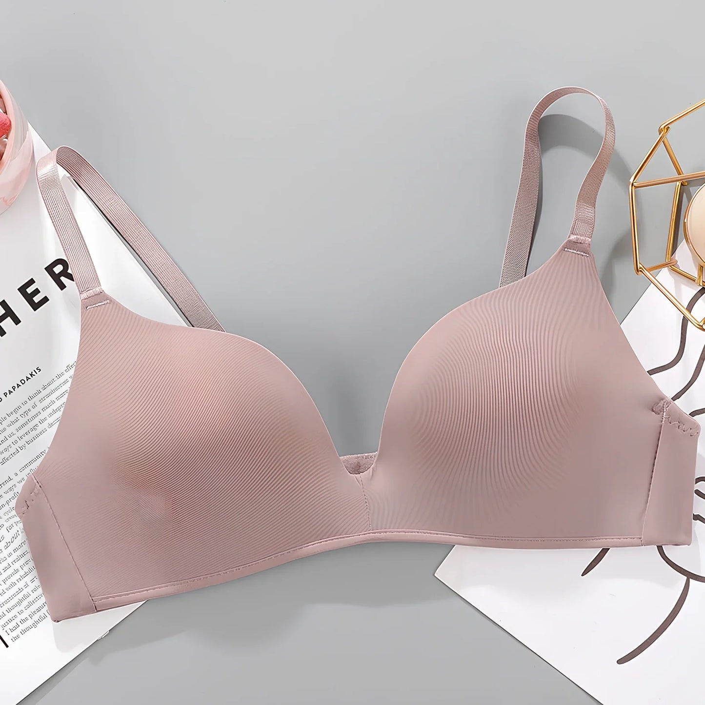 White breathable gather bra with detachable straps, 3/4 cup, seamless one-piece design for women