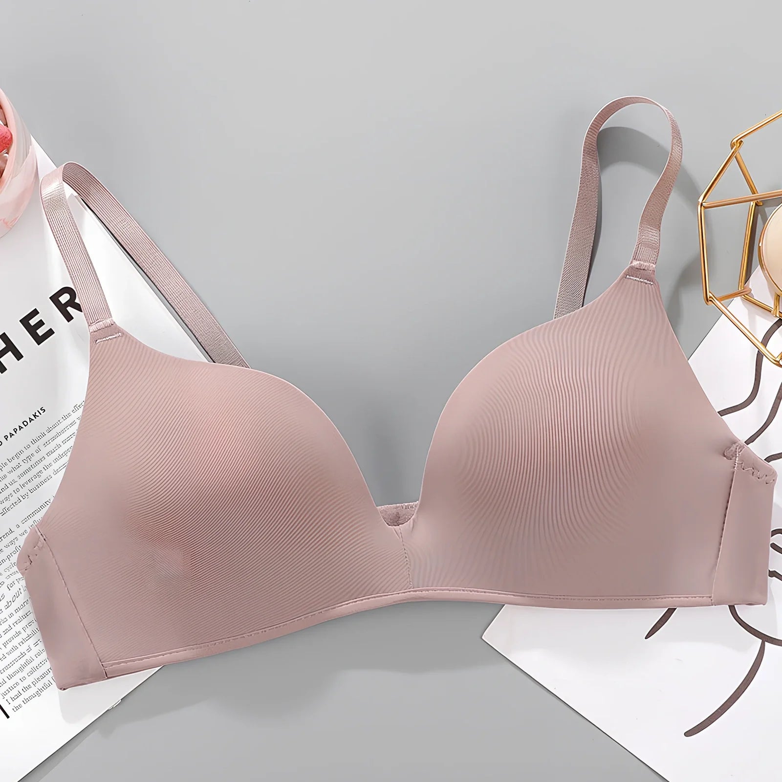 White breathable gather bra with detachable straps, 3/4 cup, seamless one-piece design for women