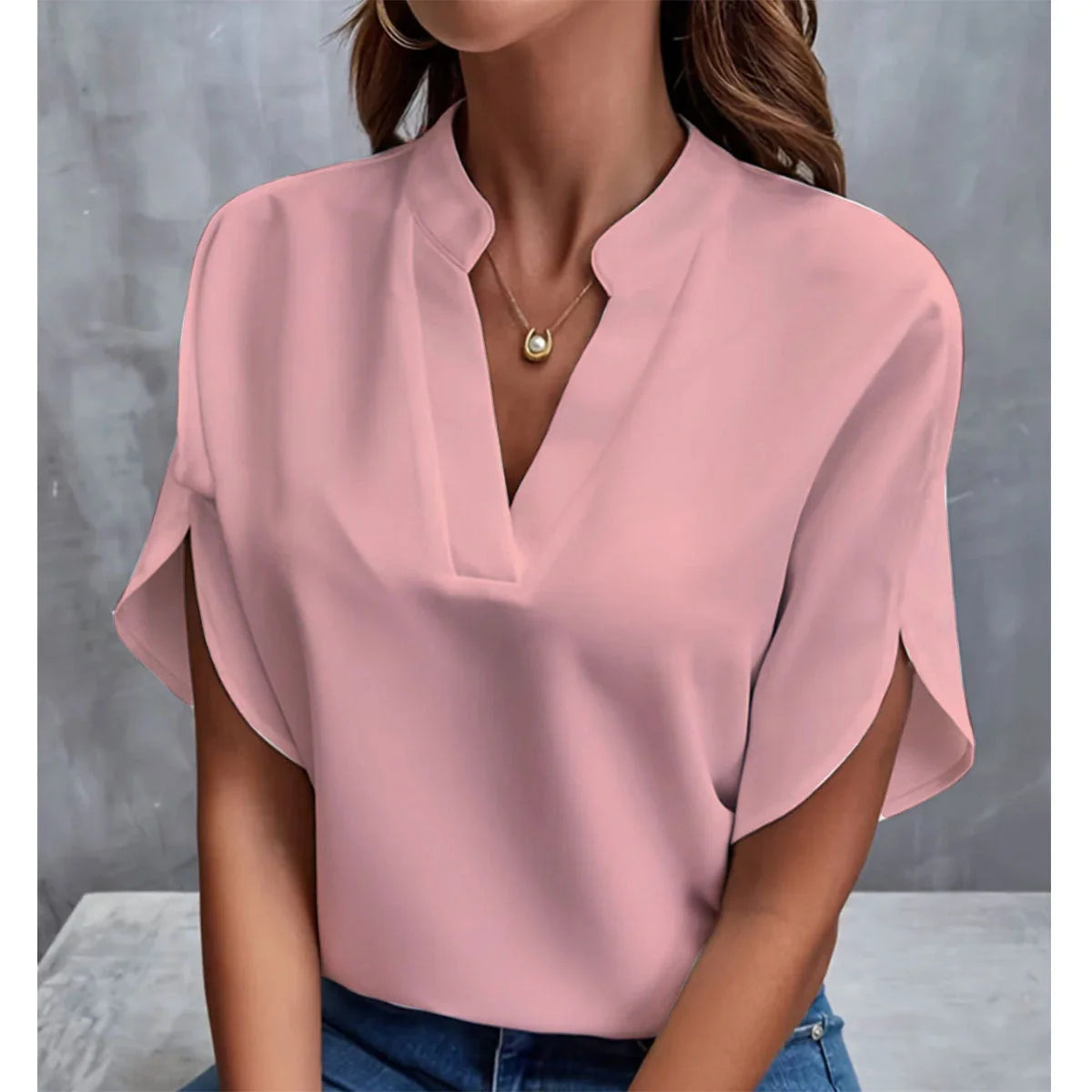 Women's summer V-neck chiffon shirt in various colours, showcasing lightweight fabric and stylish design.