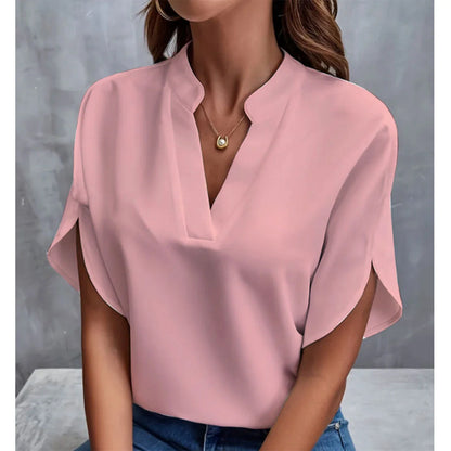 Women's summer V-neck chiffon shirt in various colours, showcasing lightweight fabric and stylish design.