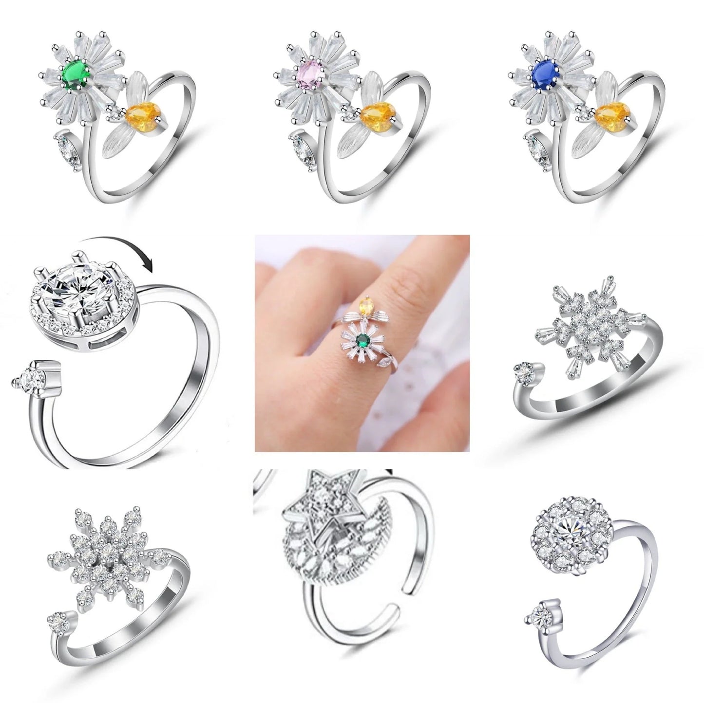 Adjustable rotating spinner ring with elegant flower and bee design in various color options