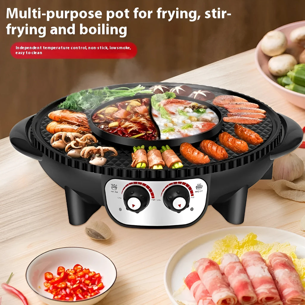Multifunctional electric cooker hot pot barbecue all-in-one pot 5L black with barbecue plate