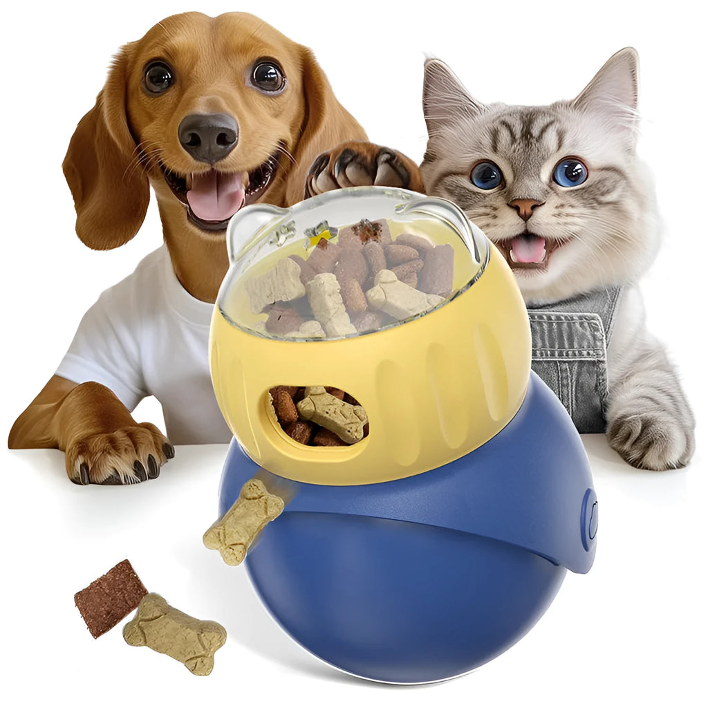 Yellow and blue plastic owl-shaped tumbler puzzle feeder for cats on a plain background.