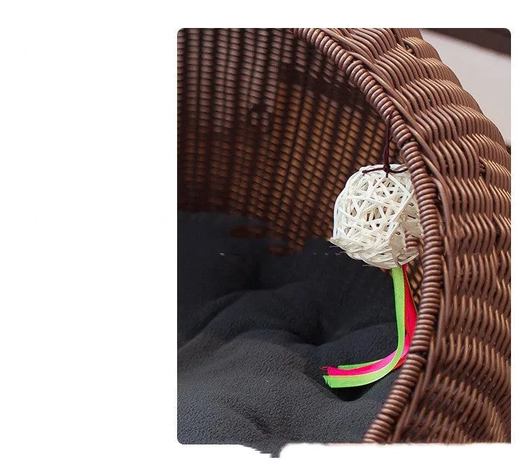 Hand-woven gourd grass cat nest in apricot colour with plastic frame, top view