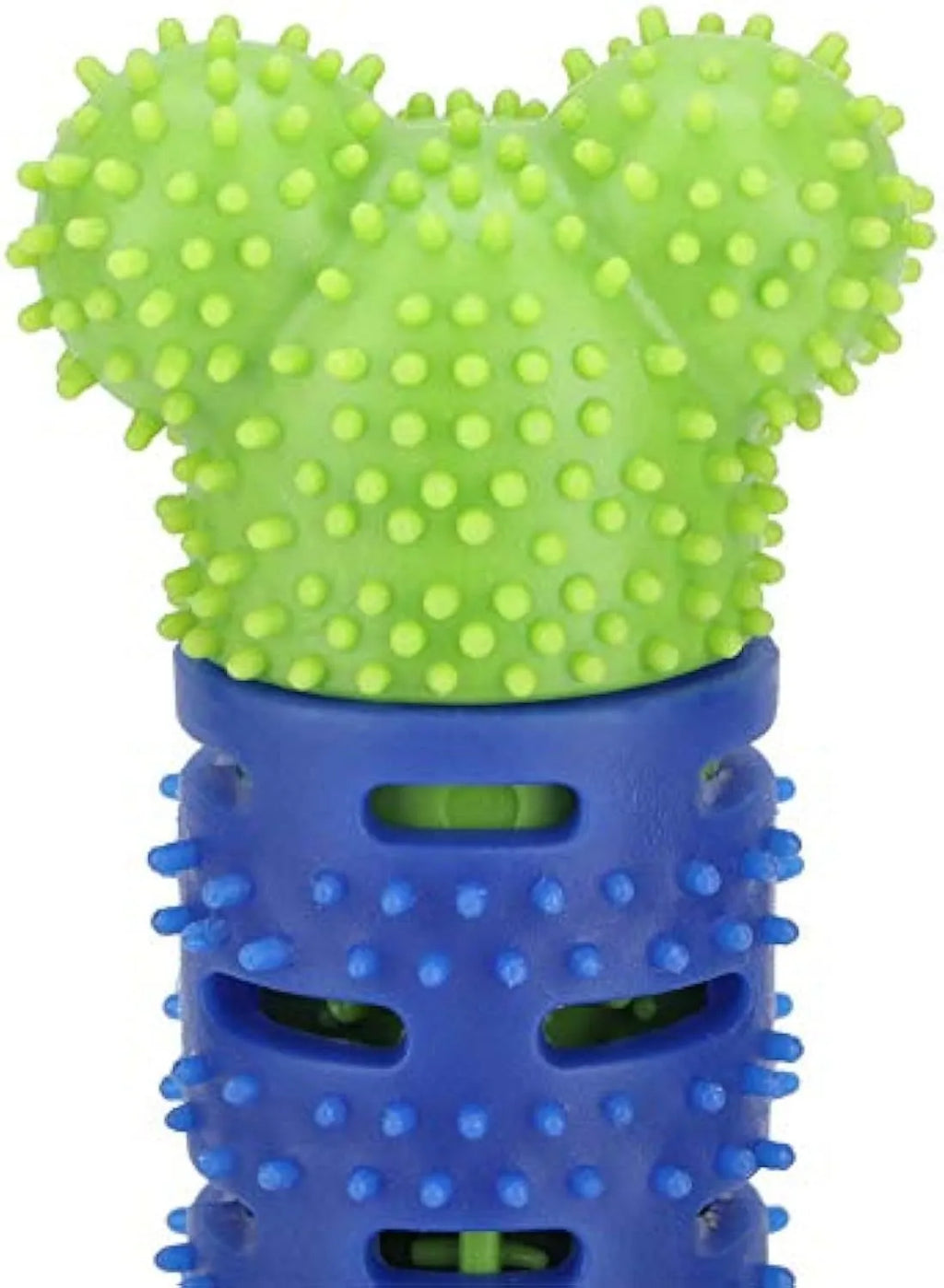 Blue green silicone dog dental cleaning stick toy with brush head design and massage nodules