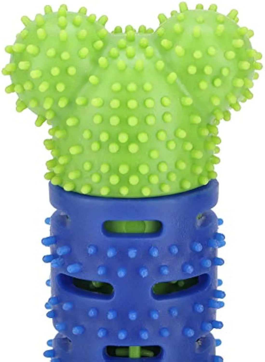 Blue green silicone dog dental cleaning stick toy with brush head design and massage nodules