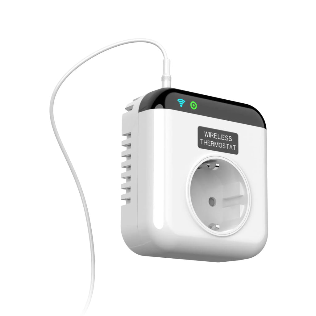 White smart socket with European plug outlets and thermostatic remote control