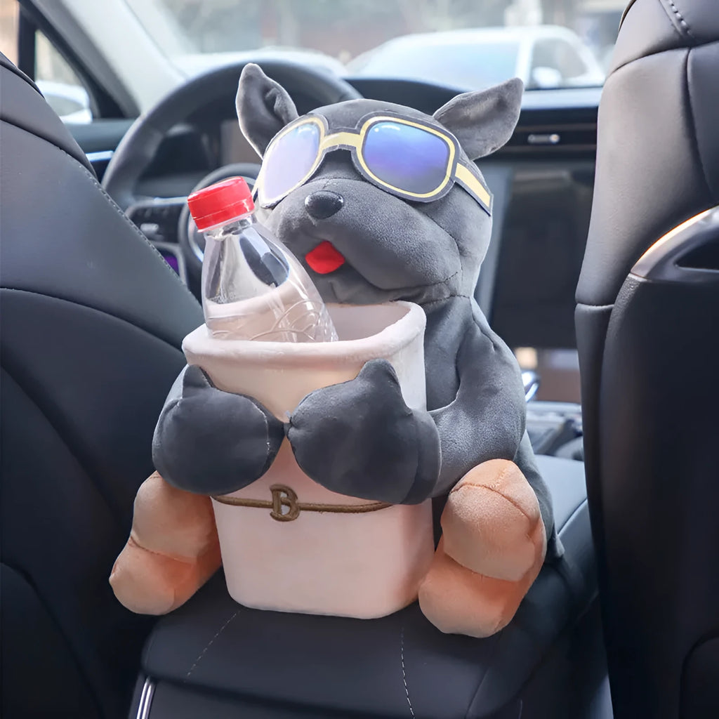 Plush hanging car tissue box organiser for the centre armrest in a choice of designs