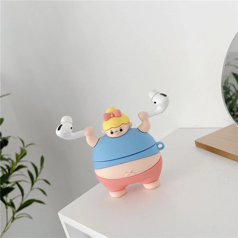 3D Cute Little Fat Man Lifting Weights Silicone Case for AirPods Pro in green and blue