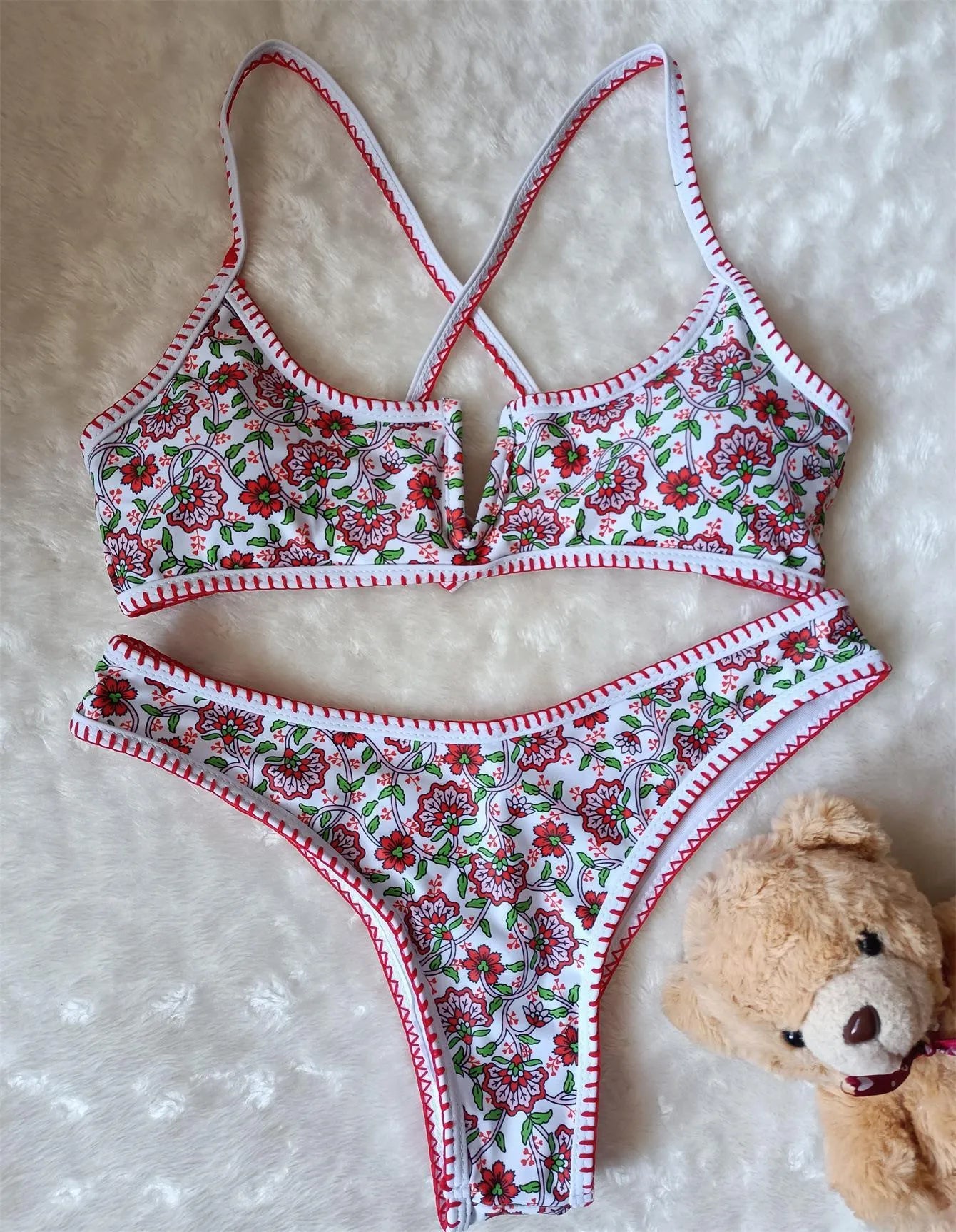 Women's floral print V-neck swimsuit with embroidery detail