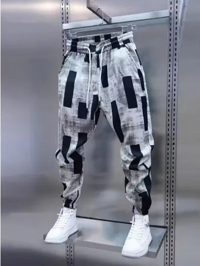Men loose casual trousers, black and white, cotton blend Ice Silk, high waist drawstring, straight leg ankle strap, sizes M to 3XL