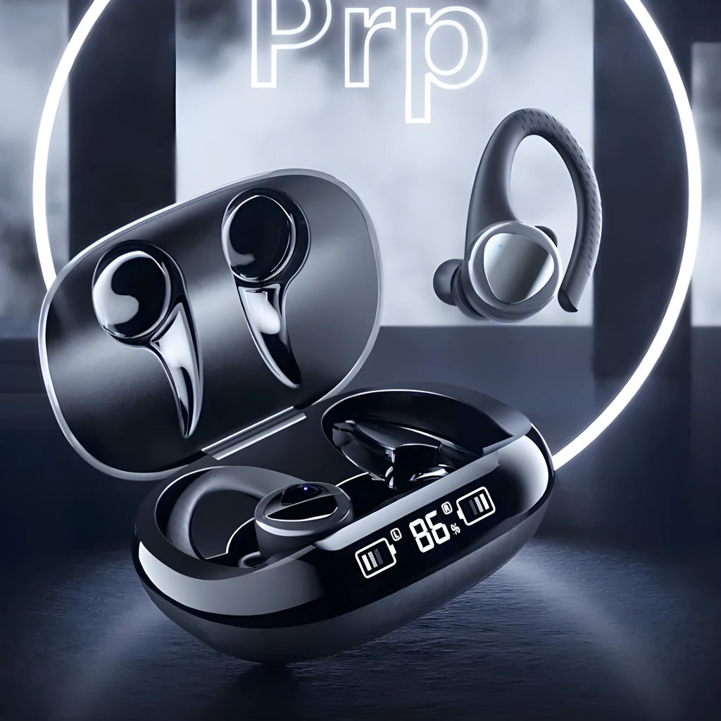 Black and silver true wireless Bluetooth in-ear headphones with charging case.