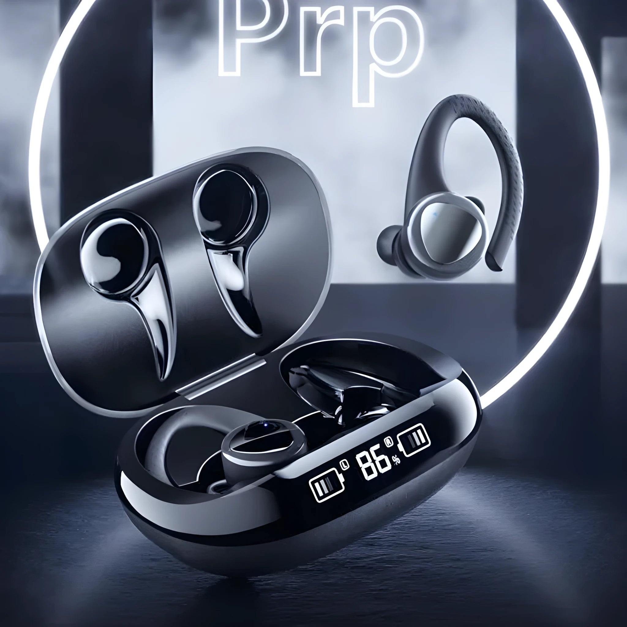 Black and silver true wireless Bluetooth in-ear headphones with charging case.