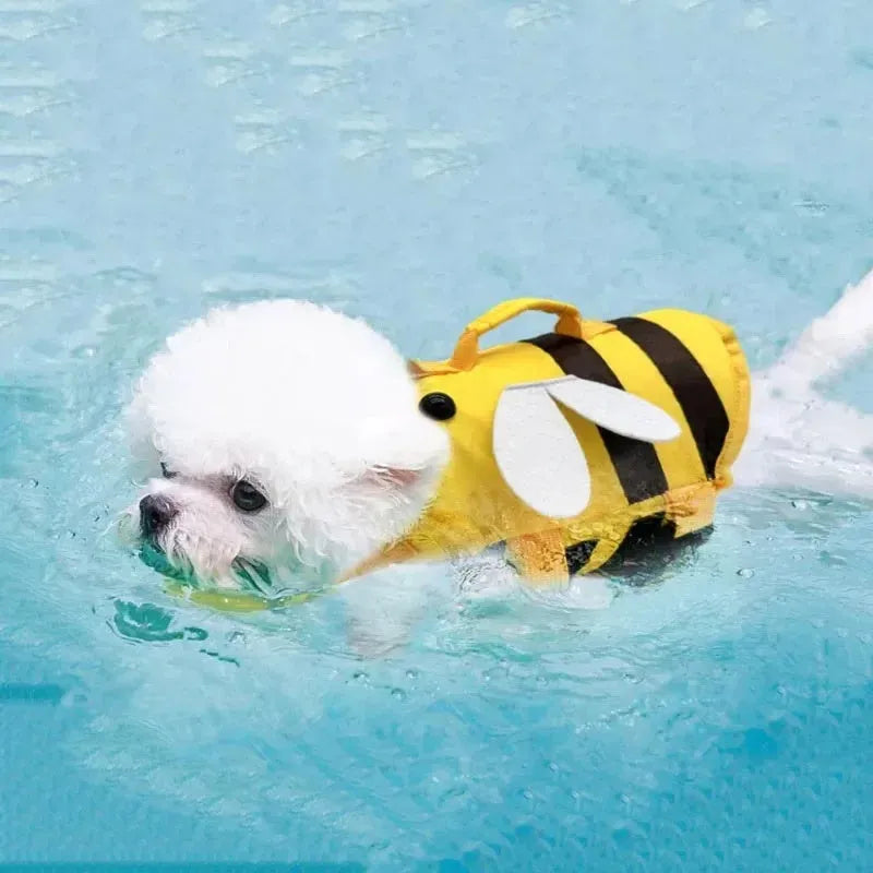 Green dog life jacket with reflective trim and quick-release buckle, shown on a dog model