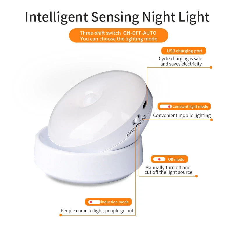 Rotating motion sensor light for corridors, garages, and wardrobes with adjustable direction and energy-saving features