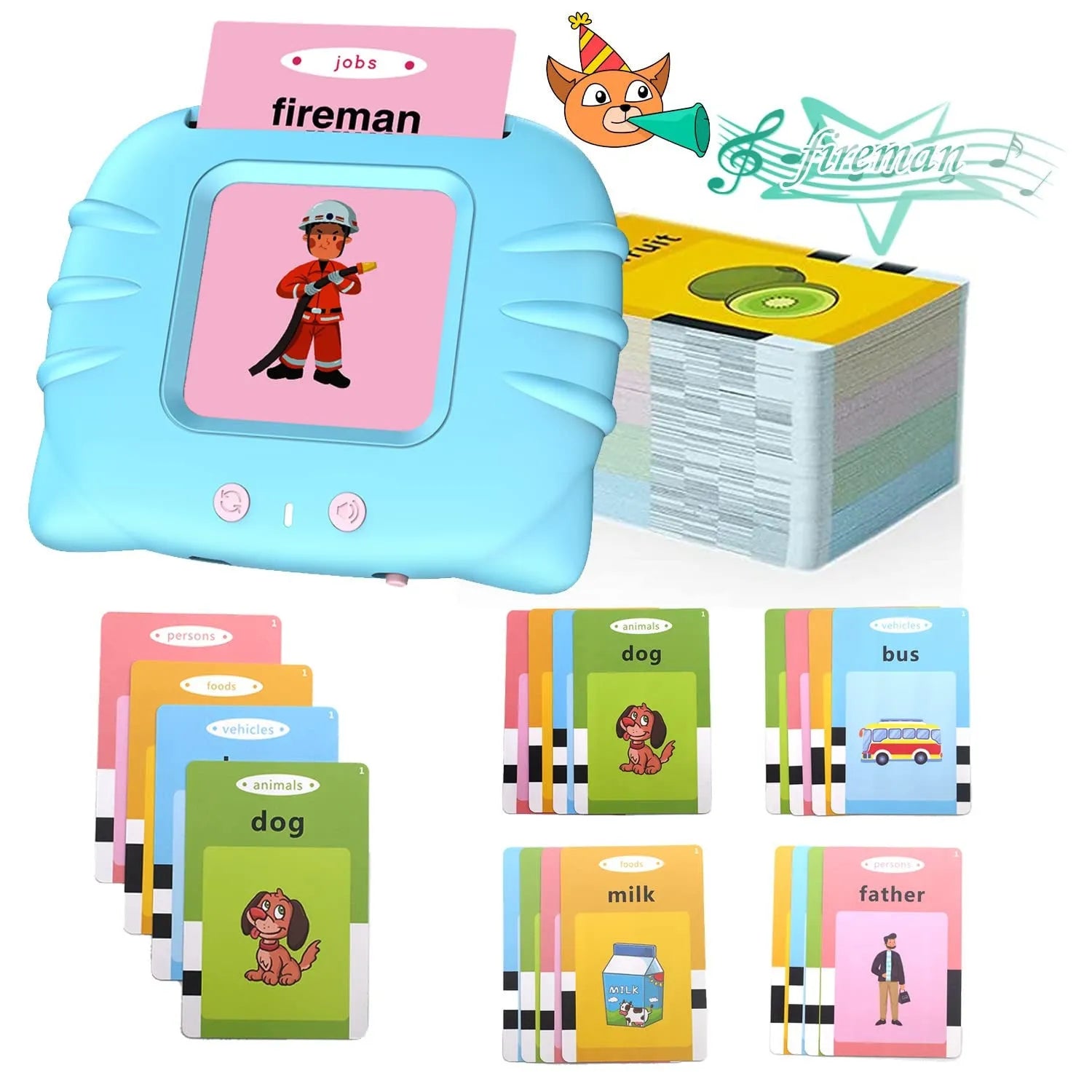 Blue children's English learning card machine with audiobook cards showing 18cm length