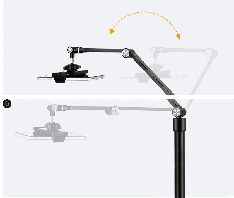 Black floor-standing phone tablet stand with two LED fill lights in vertical folded position