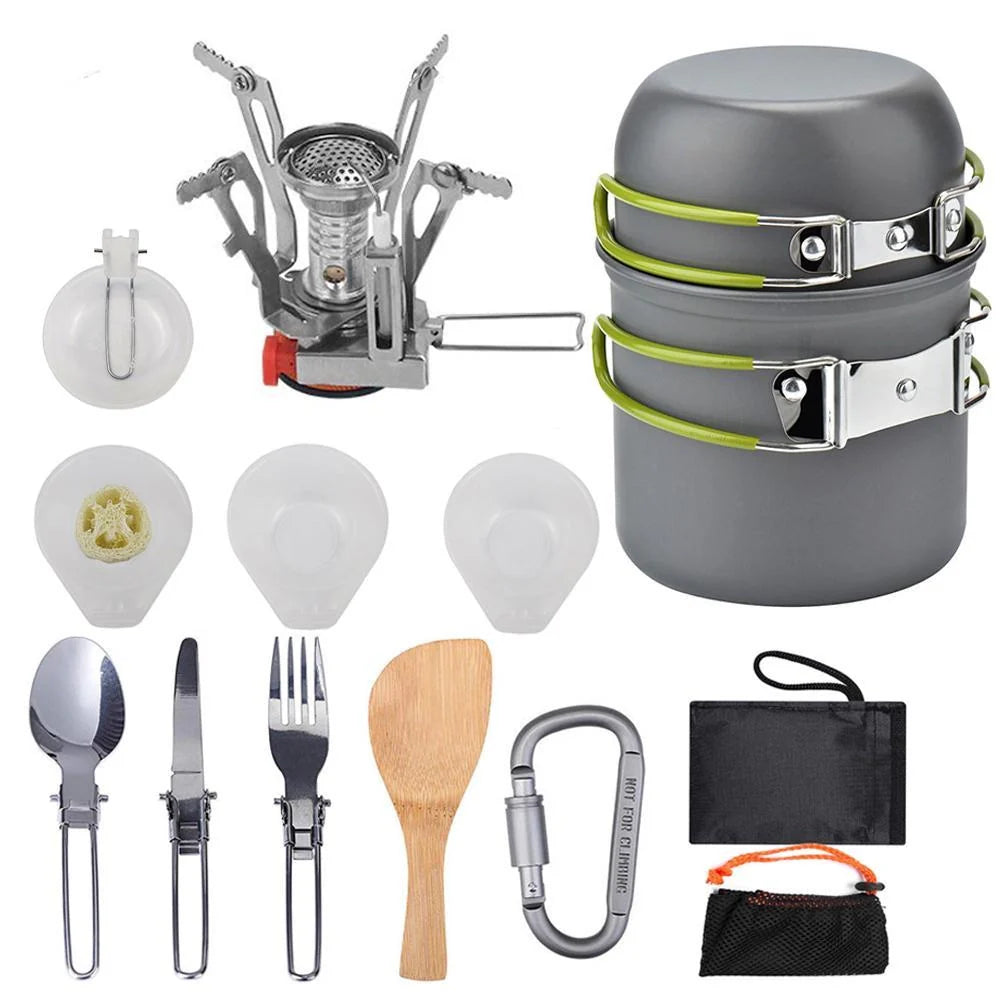 Aluminum camping cookware set with pots, pans, and utensils for outdoor cooking