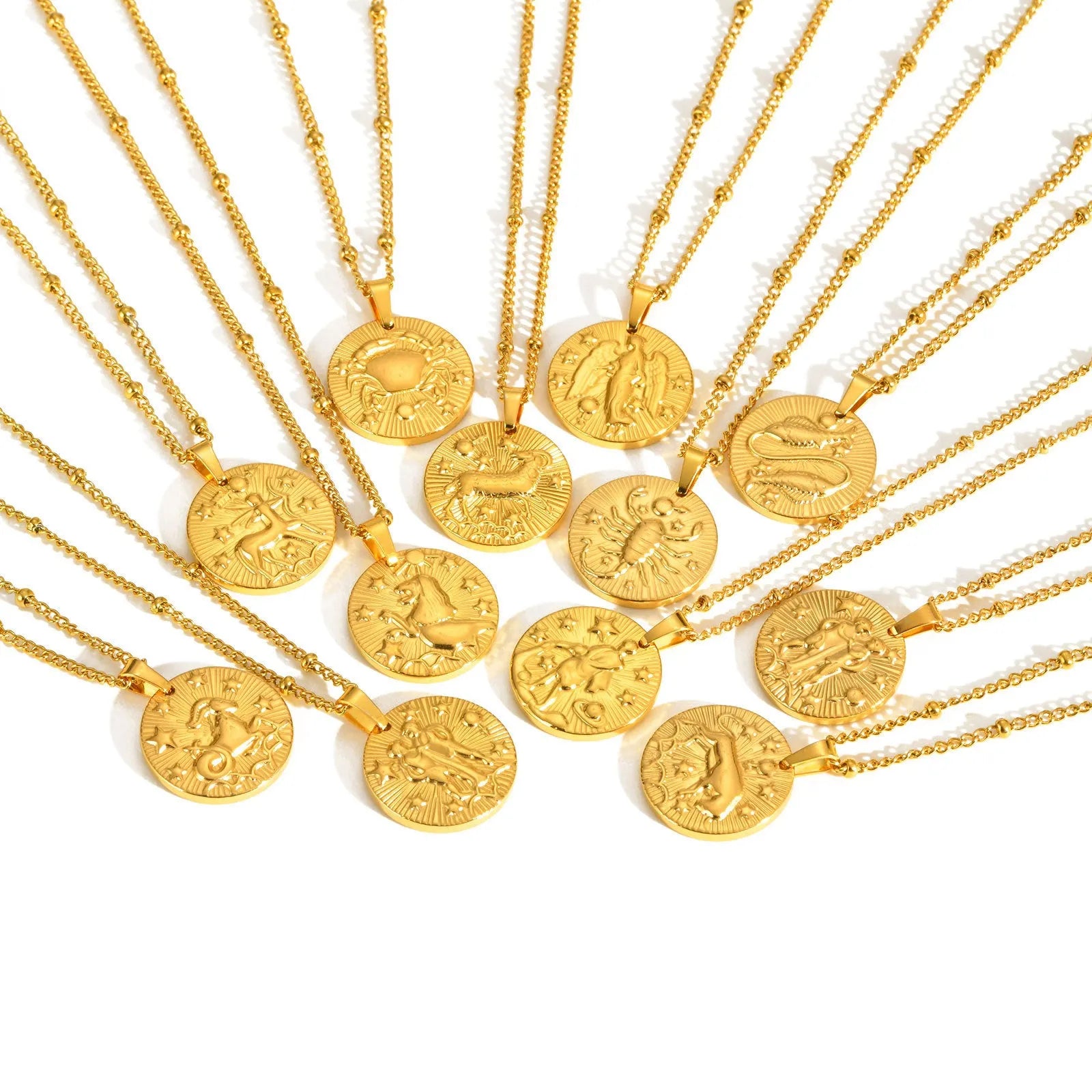 Silver stainless steel zodiac necklace with geometric round pendant showing embossed constellation design