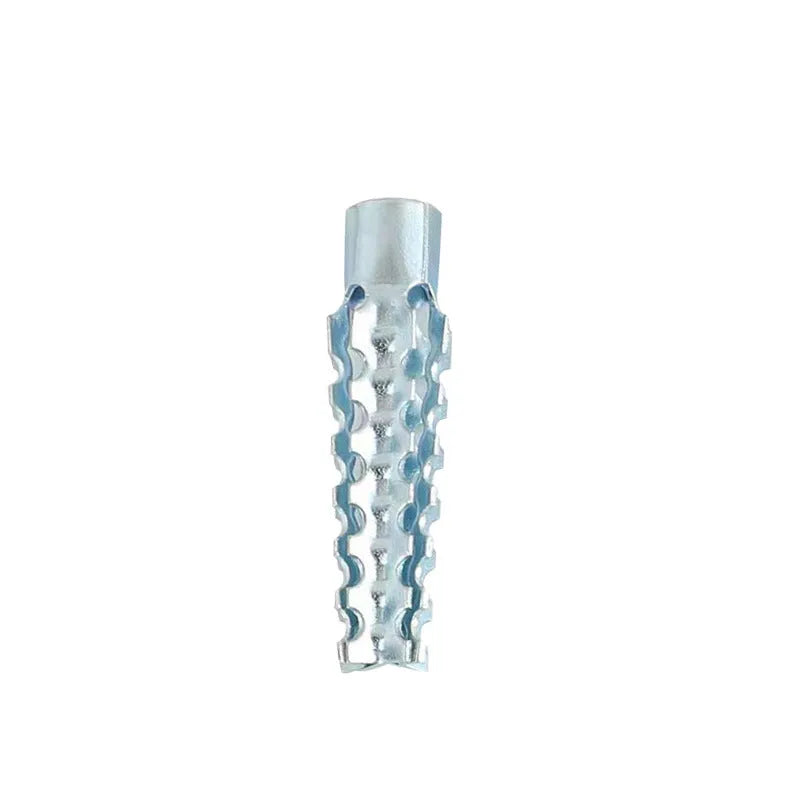 Close-up of an iron expansion anchor screw with a four-serrated barbed metal tube.